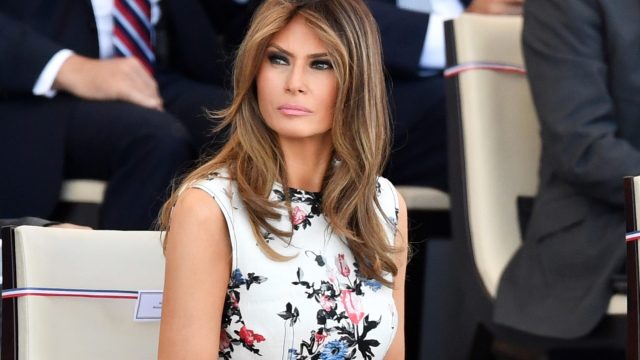 PARIS, FRANCE - JULY 14: U.S. First Lady Melania Trump watches the annual Bastille Day military parade along Avenue des Champs-Elysees in Paris, France on July 14, 2017. Bastille Day opened by American troops with President Donald Trump as the guest of honor to commemorate the 100th anniversary of the United States' entry into World War I.