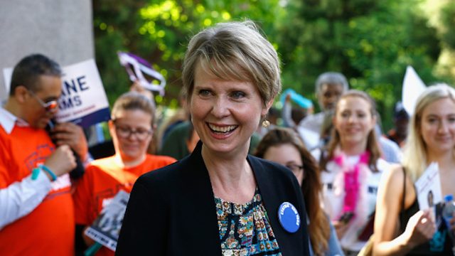 Cynthia Nixon at a petitioning parade in New York