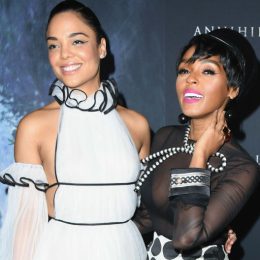 WESTWOOD, CA - FEBRUARY 13: Tessa Thompson and Janelle Monae attend the Los Angeles premiere "Annihilation" at Regency Village Theatre on February 13, 2018 in Westwood, California.