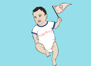 Illustration of a baby wearing a "feminist" onesie