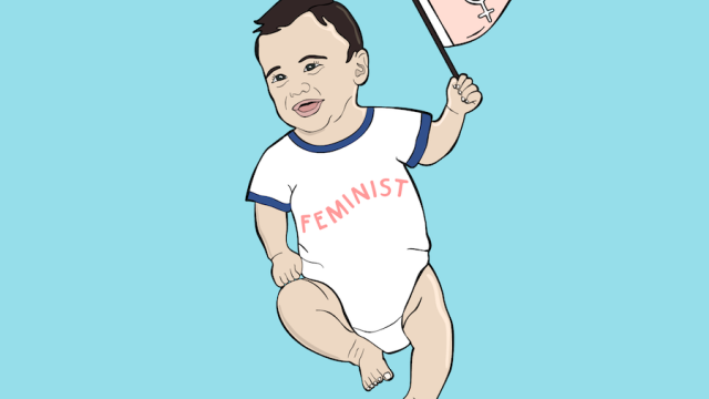 Illustration of a baby wearing a "feminist" onesie