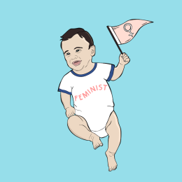 Illustration of a baby wearing a "feminist" onesie