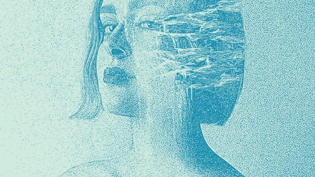 Illustration of woman morphing into waterfall
