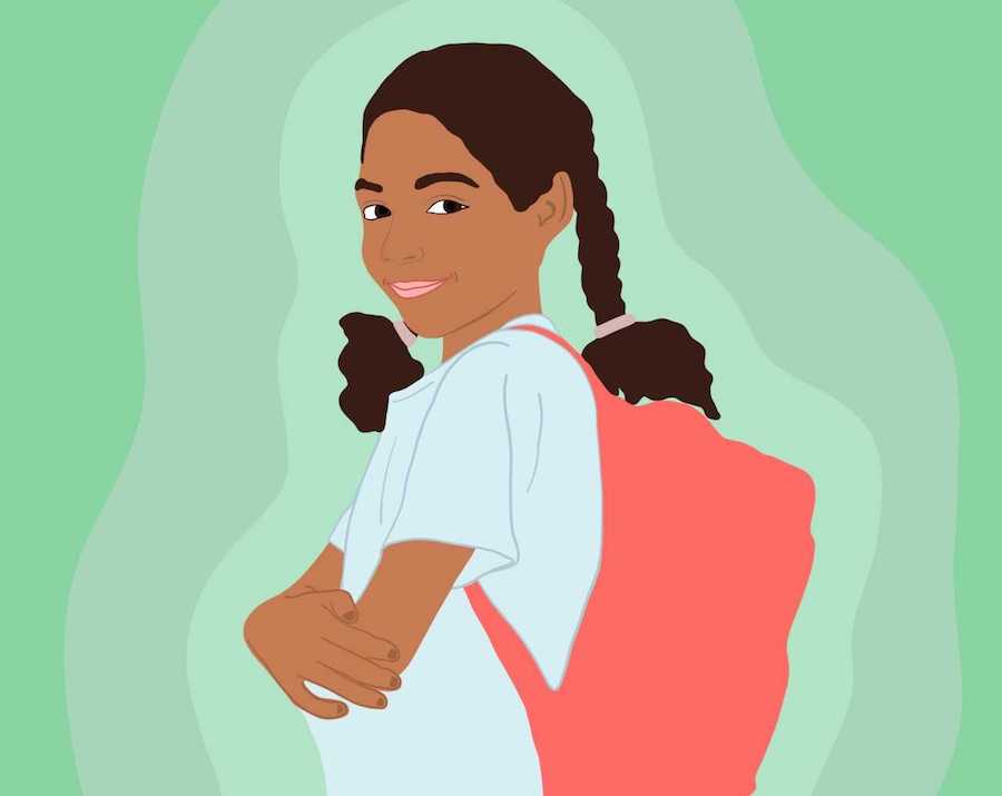 Illustration of a Black girl wearing a backpack
