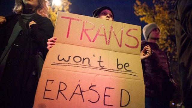 "Trans won't be erased" banner