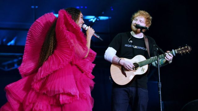JOHANNESBURG, SOUTH AFRICA - DECEMBER 02: Beyonce and Ed Sheeran perform during the Global Citizen Festival: Mandela 100 at FNB Stadium on December 2, 2018 in Johannesburg, South Africa.