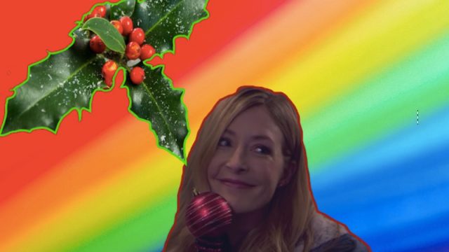 Screengrab of Hallmark movie over rainbow background
