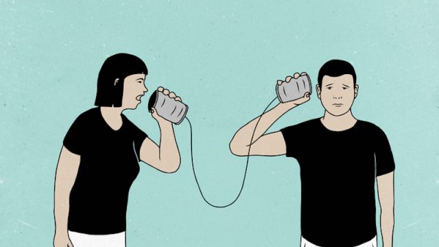 A couple communicating through tin cans