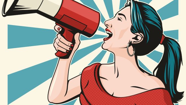 Pop art illustration of woman shouting into megaphone