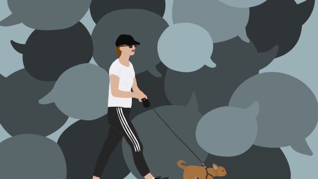 Woman walking her dog with speech bubbles in the background