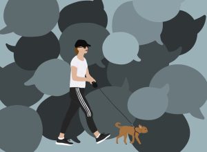 Woman walking her dog with speech bubbles in the background
