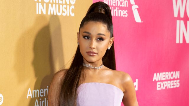 PIER 36, NEW YORK, UNITED STATES - 2018/12/06: Ariana Grande wearing dress by Christian Siriano attends Billboard's 13th Annual Women in Music gala at Pier 36.