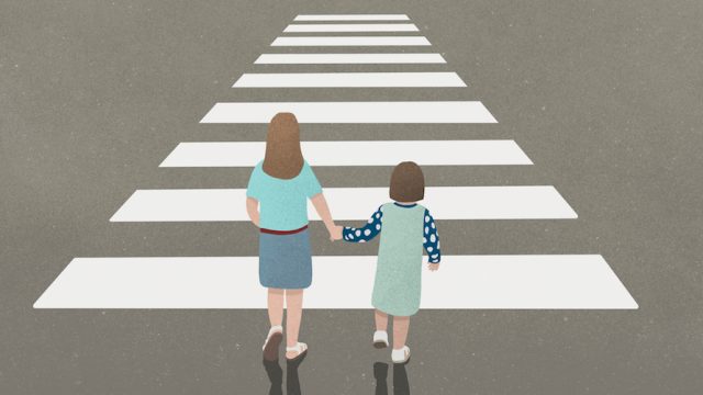 Illustration of mom holding her daughter's hand