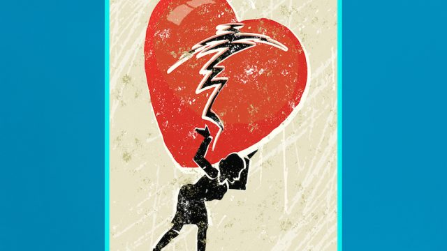 Illustration of a woman carrying a broken heart on a blue background