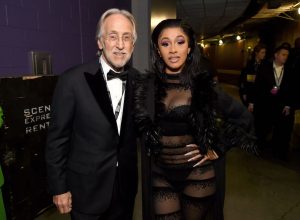 Cardi B backstage at the 61st annual Grammy Awards with Recording Academy president