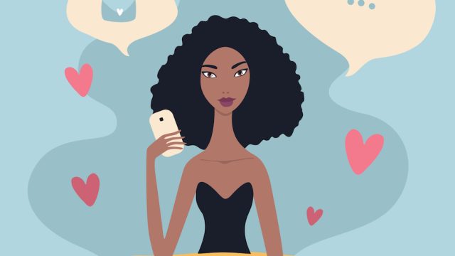 Illustration of a Black woman in black evening dress surrounded by hearts