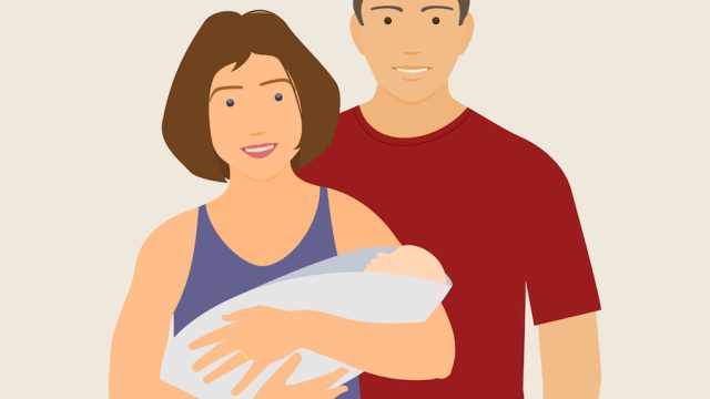 Illustration of a wife and her husband. Wife is holding baby