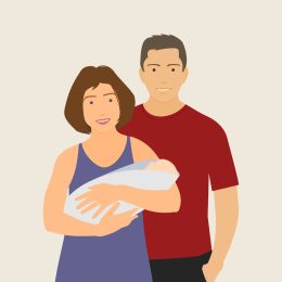 Illustration of a wife and her husband. Wife is holding baby