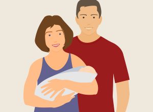 Illustration of a wife and her husband. Wife is holding baby