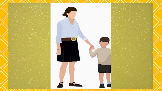 Illustration of mom and son over yellow and green backgrounds
