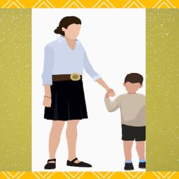 Illustration of mom and son over yellow and green backgrounds
