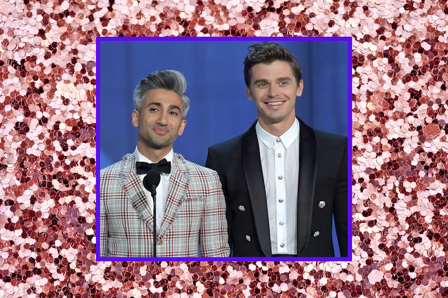 Tan France and Antoni Porowski of Queer Eye on a glitter background
