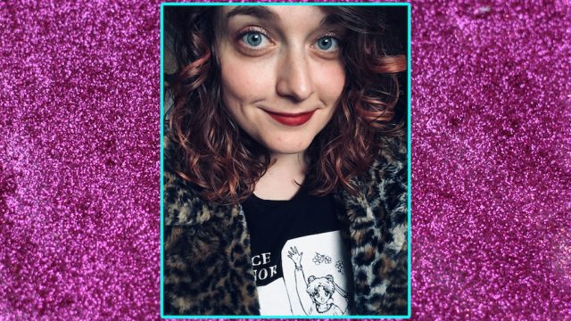 Author in leopard print jacket on a glitter background