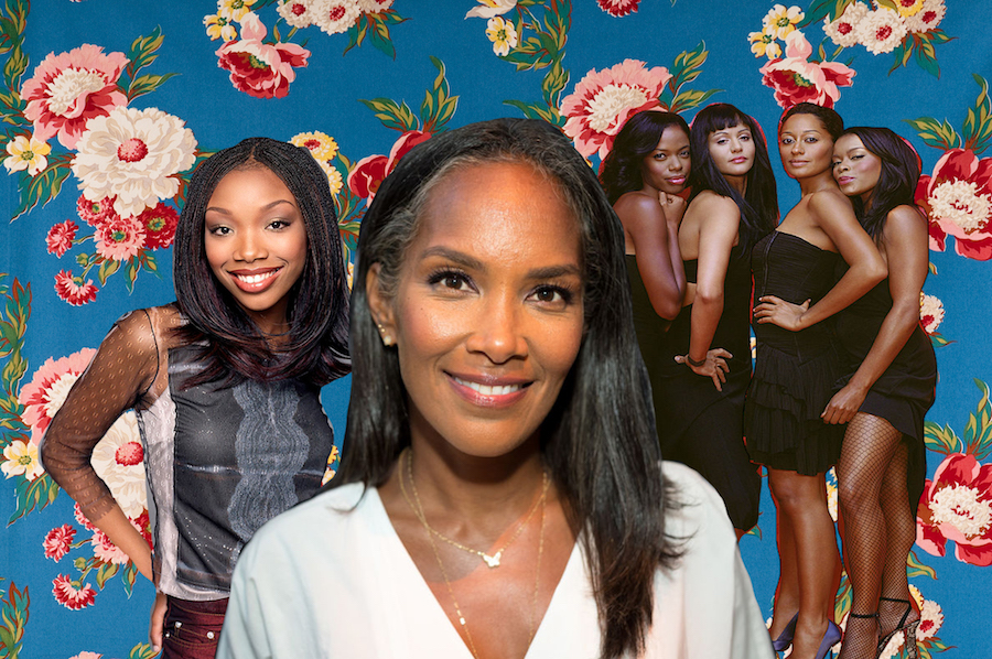 Collage of Mara Brock Akil, Moesha, and Girlfriends on floral background