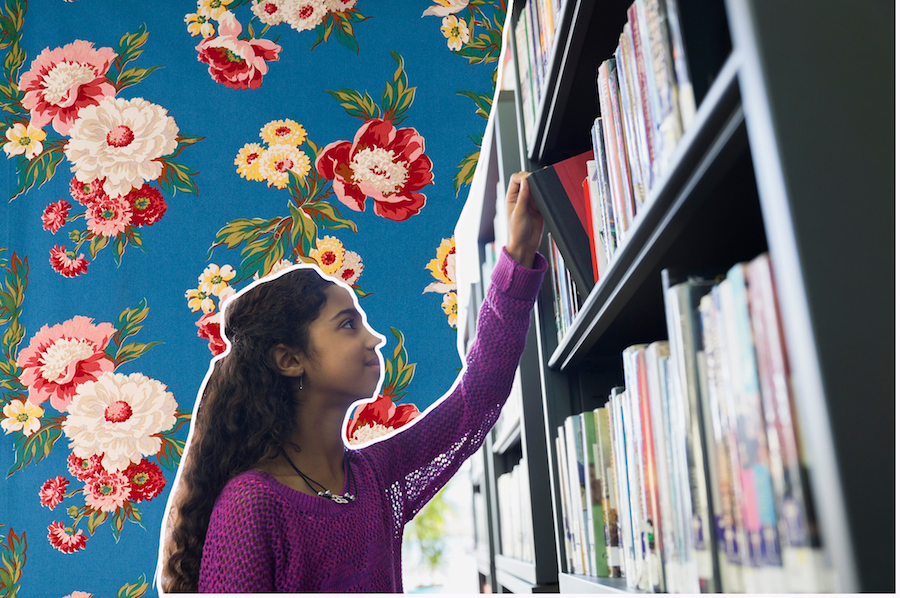 Girl at the library on a floral background