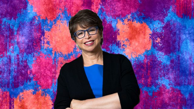 Valerie Jarrett on purple, pink, and blue background