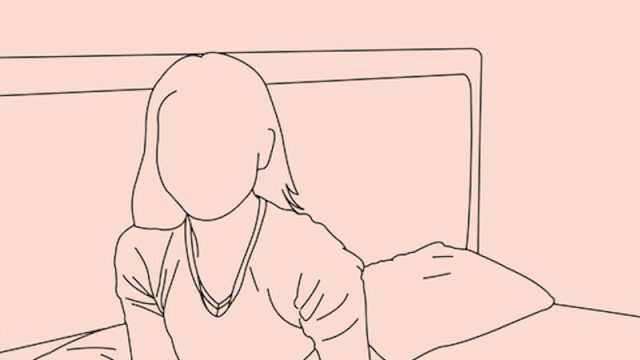 Line drawing of a woman in bed alone
