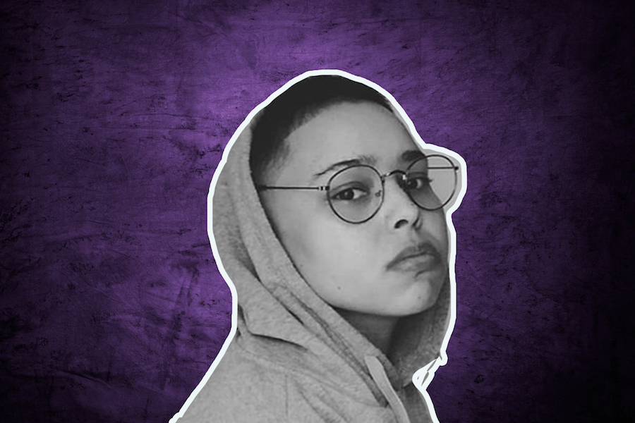 Black and white photo of poet Melissa M. Tripp on a purple background