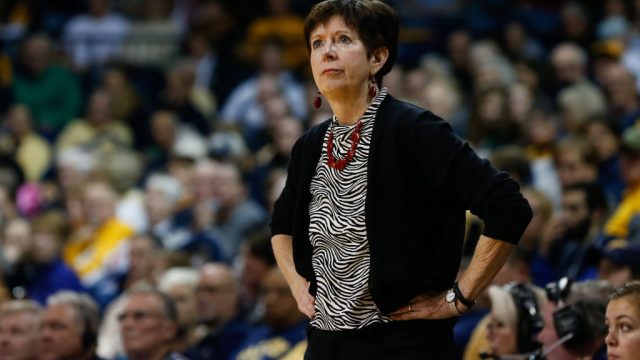 Notre Dame Fighting Irish head coach Muffet McGraw watches the action on the court during a regular season non-conference game between the Notre Dame Fighting Irish and the Toledo Rockets on December 8, 2018, at Savage Arena in Toledo, Ohio. (