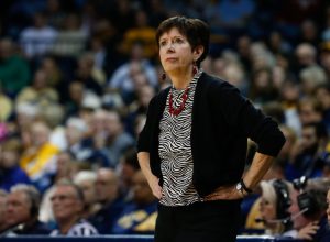 Notre Dame Fighting Irish head coach Muffet McGraw watches the action on the court during a regular season non-conference game between the Notre Dame Fighting Irish and the Toledo Rockets on December 8, 2018, at Savage Arena in Toledo, Ohio. (