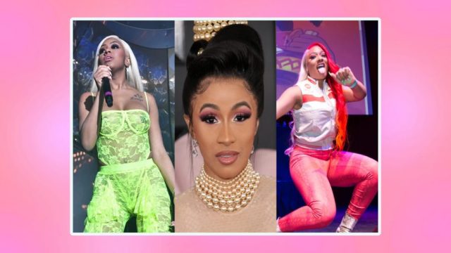 Collage of Yung Miami performing, Cardi B on the Grammys red carpet, and Megan Thee Stallion performing, on a pink background