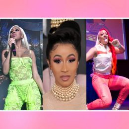 Collage of Yung Miami performing, Cardi B on the Grammys red carpet, and Megan Thee Stallion performing, on a pink background
