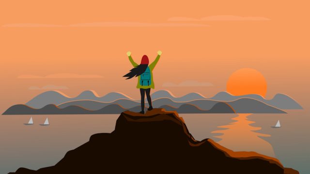 Illustration of a woman standing on top of a mountain overlooking the beach. She is wearing a backpack