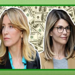 Collage of Felicity Huffman and Lori Loughlin on a $100 bills background