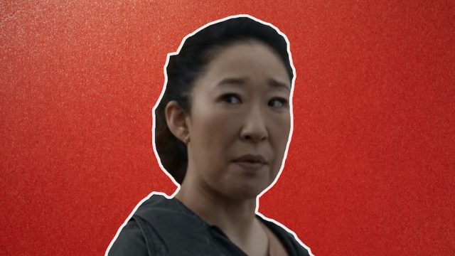 Sandra Oh from "Killing Eve" on a red background