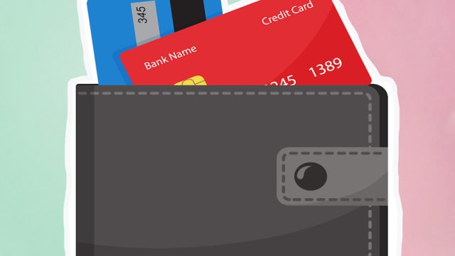 Illustration of wallet and credit cards on a green and pink background