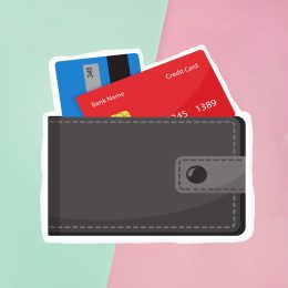Illustration of wallet and credit cards on a green and pink background