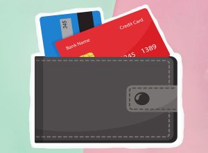Illustration of wallet and credit cards on a green and pink background