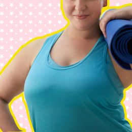 Woman holding a yoga mat on a pink background with white stars