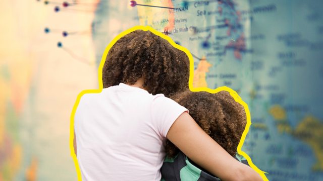 Collage of mother and son on top of a map