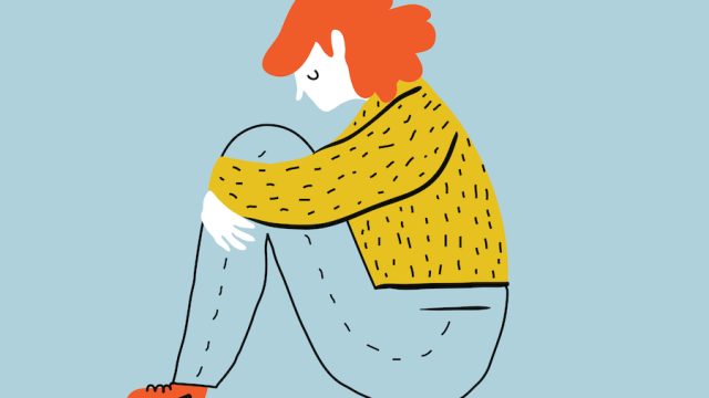 Illustration of a red-headed woman in a sweater and jeans looking sad and sitting on the floor
