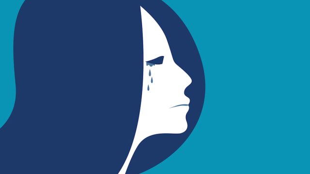 Illustration of a woman crying on blue background