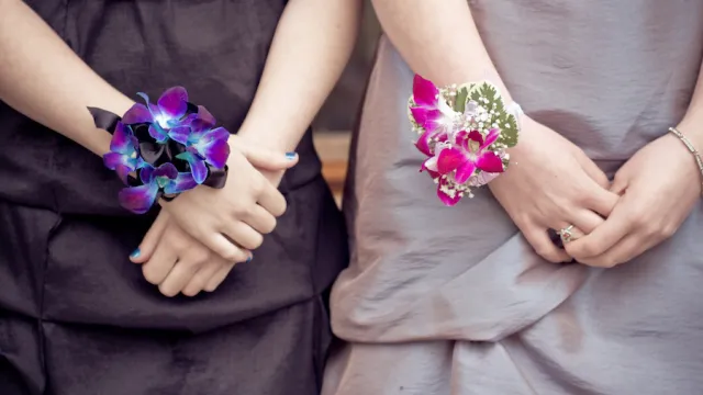 Two girls standing side by side at prom