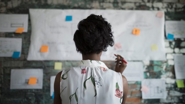 Creative businesswoman brainstorming, reviewing flow chart hanging on brick wall in office