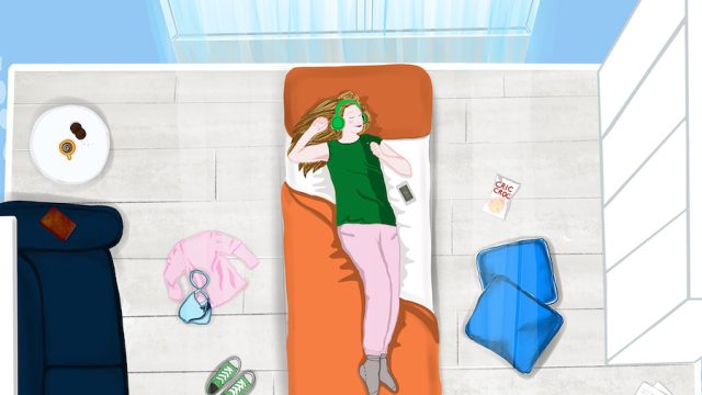 Illustration of young woman relaxing on bed