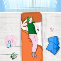 Illustration of young woman relaxing on bed